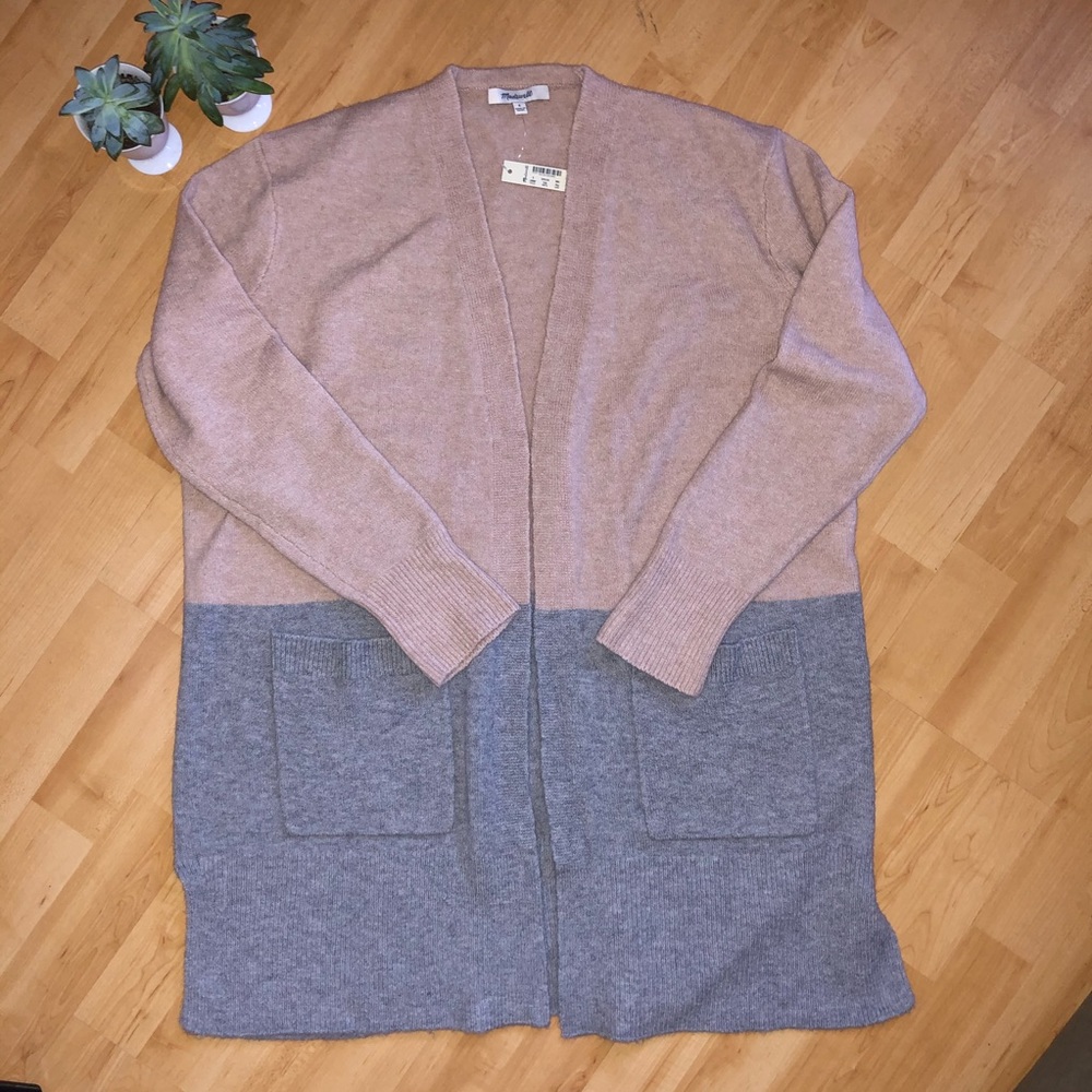 Madewell Two-Tone Long Open Cardigan in Dusty Pink and Gray